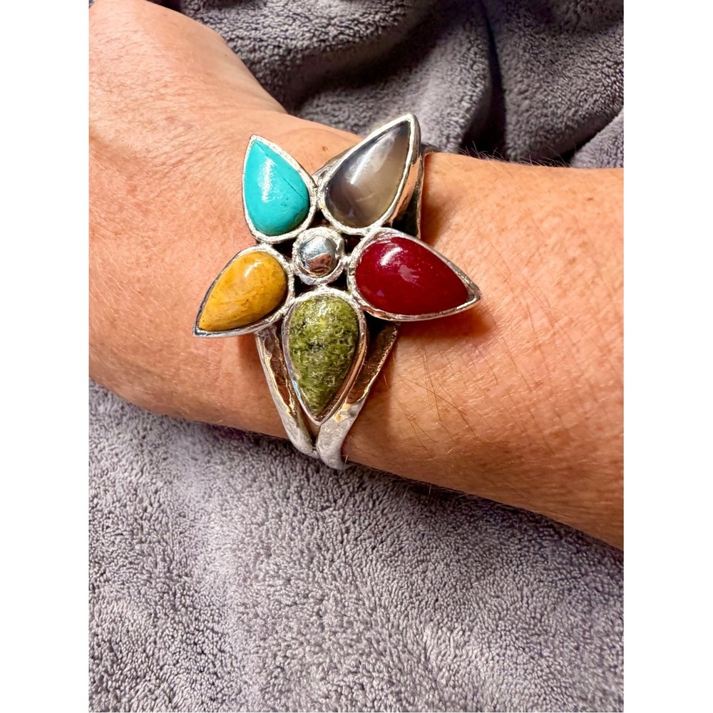 Barse Vintage Sterling Silver Multi Gemstone Flower Cuff 925 - Picture 4 of 16